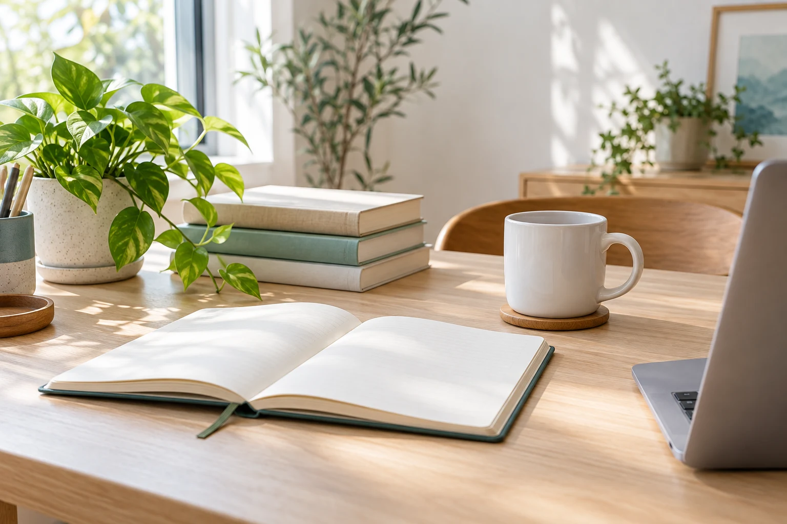 自然光の入る机にパソコンと本、植物がある仕事場のイメージ