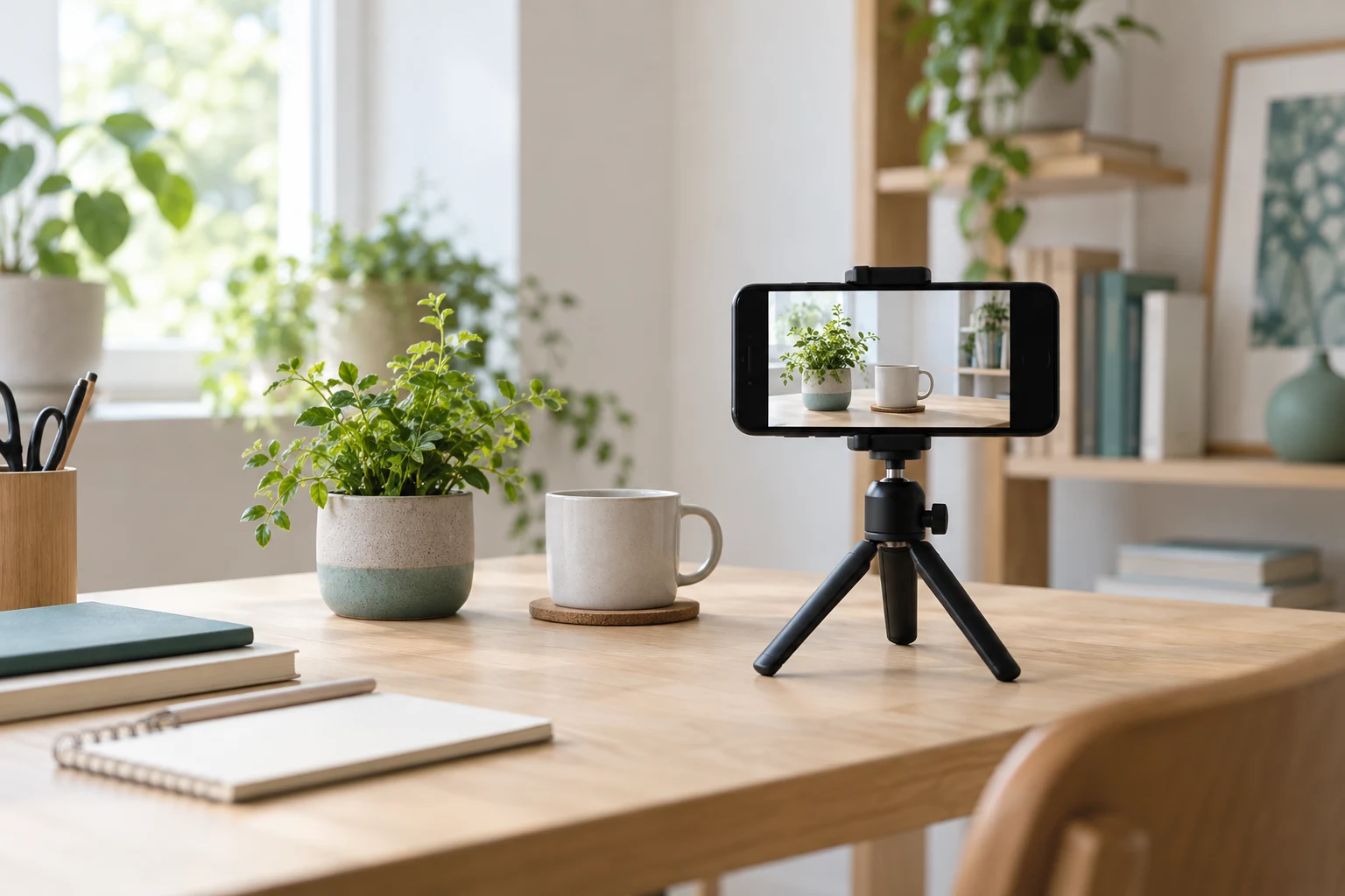 スマートフォンと編集用の机を表した、SNS画像・簡易動画のイメージ