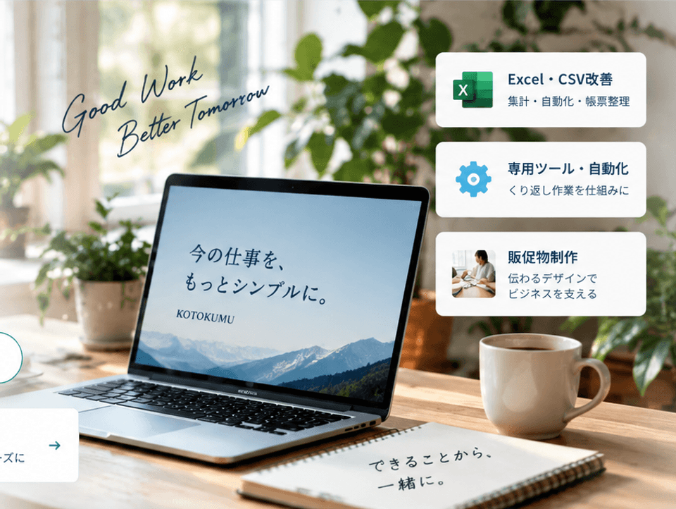 大きなノートPCとマグカップ、植物が並ぶ明るい木の机のイメージ