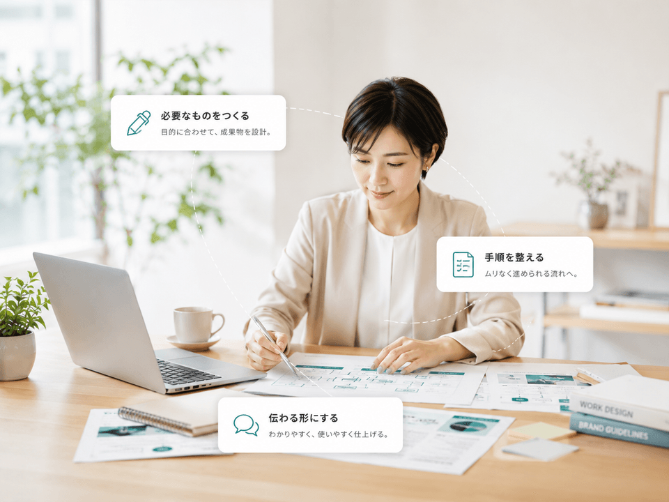 紙の資料とノートを使い、今の仕事に合う進め方を考えるイメージ