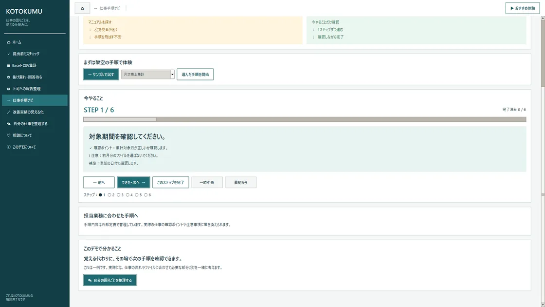仕事手順ナビの自主制作サンプル。STEP 1、今やること、完了済みの進捗を表示している